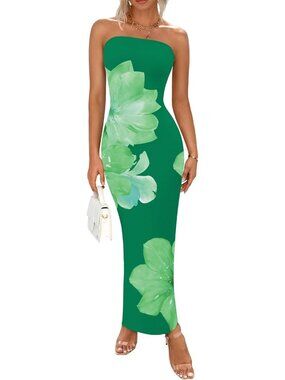 Women's Green Floral Summer Strapless Maxi Dress Formal Tube Mesh Dress